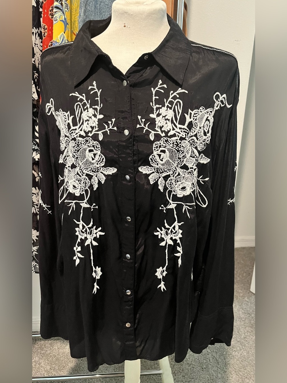 Free People Black Button-Down Shirt with White Floral Embroidery